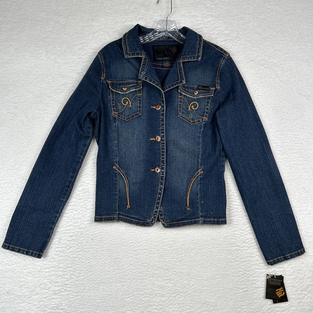 NWT ROCAWEAR Denim Blue Jean Jacket Embroidered Logo Y2K Women's Large